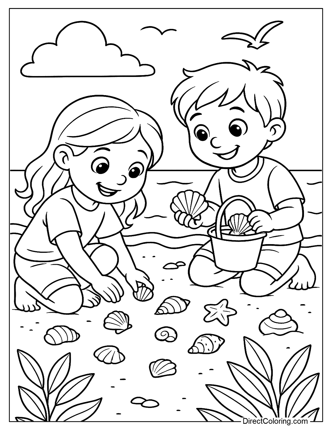 colorful children's seashells coloring page on the beach